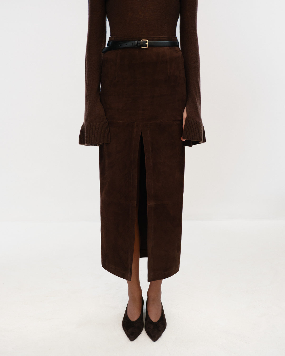 VIRGIE Long Skirt with slit in Suede